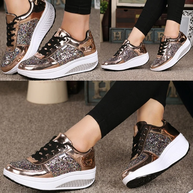 Brand New Womens Platform Toning Wedge Shoes Sequins Shake Shoes Fashion Girl Sport Shoes Fitness Shoes Woman Slimming Sneakers