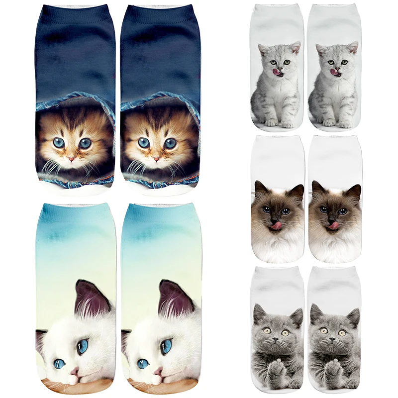 

Funny Women's Socks 3D Print Cotton Cartoon Kitten Unisex Creative Colorful Multiple Cat Face Happy Low Cute Ankle Men Socks