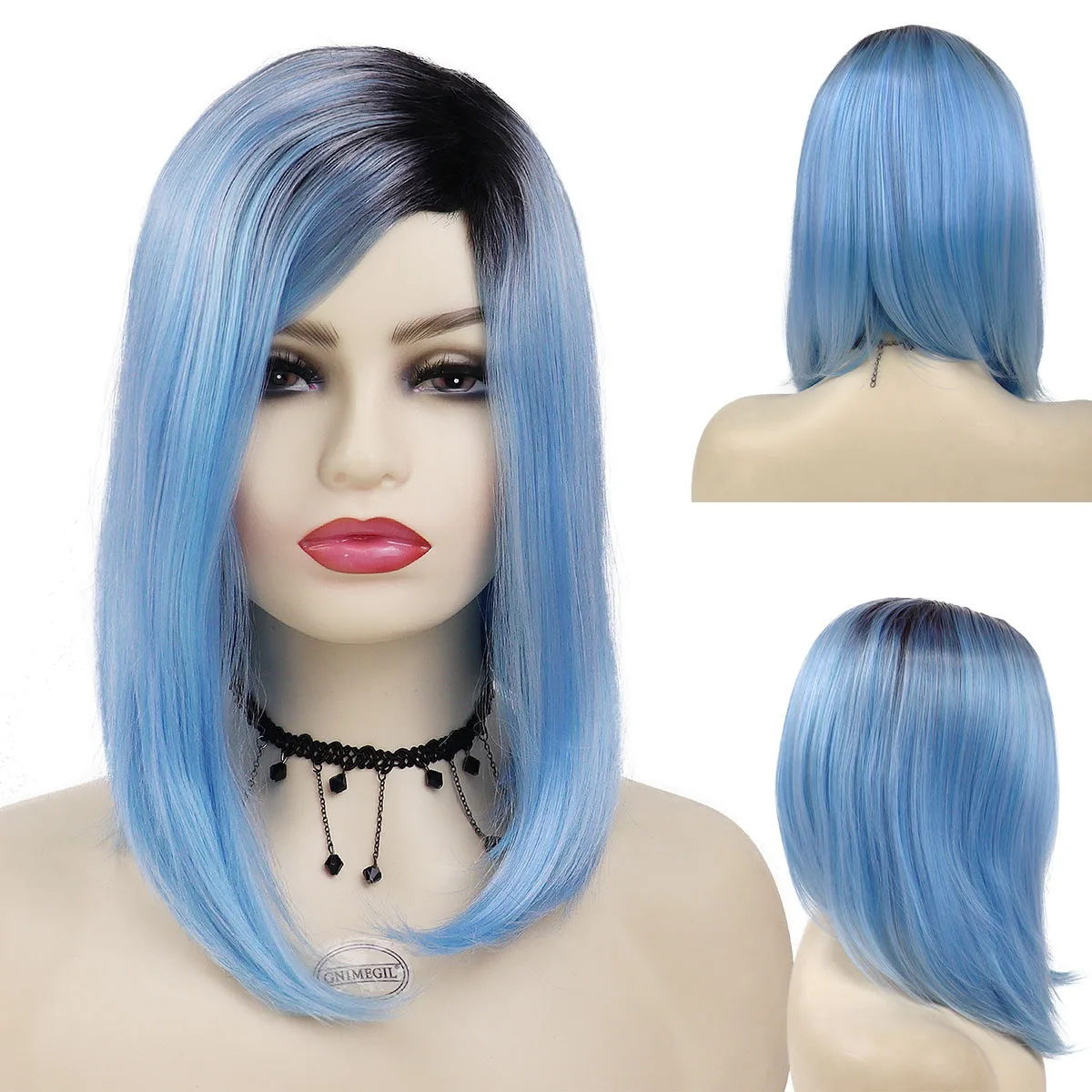 

GNIMEGIL Short Wigs for Women Synthetic Blue Bob Wig with Side Bangs Halloween Costume Wig Cosplay Straight Hair Wig Dark Roots