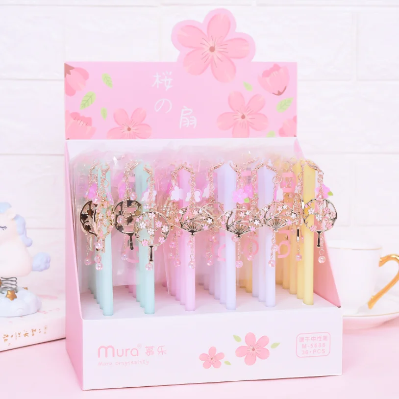 

36 pcs/lot Kawaii Fan Pendant Gel Pen For Writing Cute 0.5mm Black Ink Pen Gift Stationery Office School Supplies