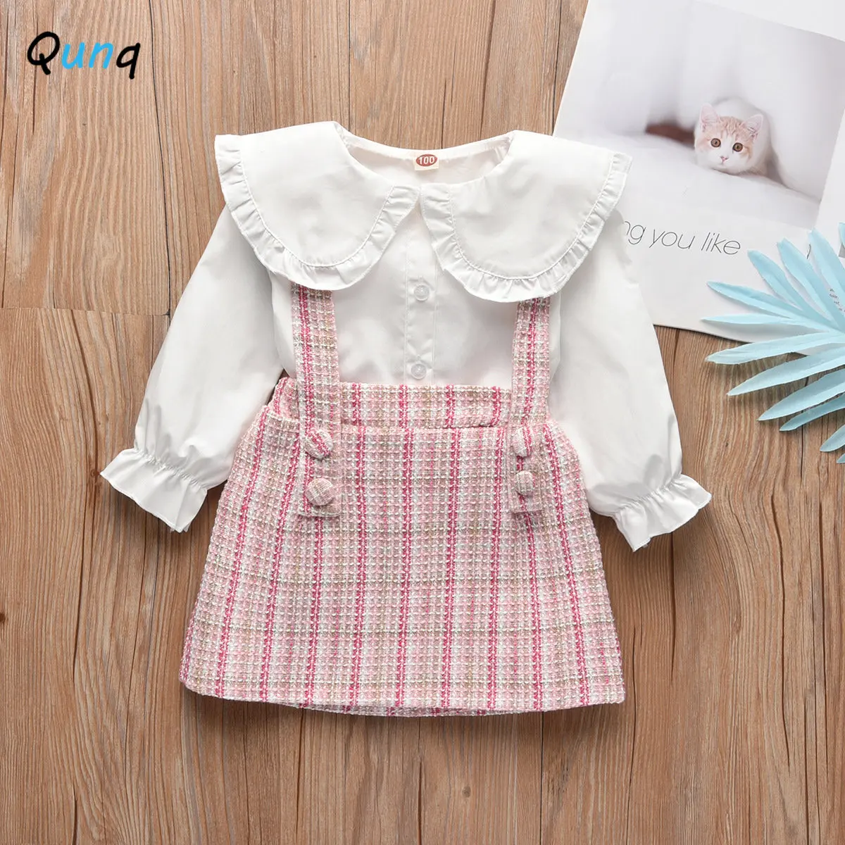 

Qunq Autumn Girls Lovely Ruffled Doll Collar Long Sleeve Top + Grid Braces Skirt 2 Pieces Set Casual Kids Clouthes Age 3T-8T