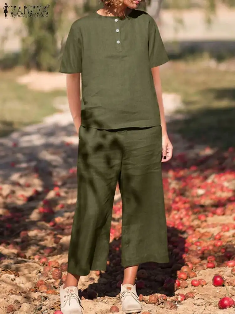 

Oversized 2PCS Women Summer Blouse and Pants Sets ZANZEA Short Sleeve Suits Casual Solid Matching Sets Vintage Cotton Tracksuit