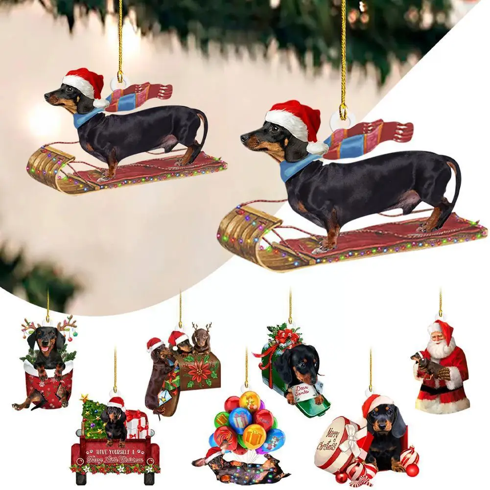 Flat Christmas Dachshund Ornaments Acrylic Christmas Tree Sausage Dog Hanging Ornaments Craft Dog Decor For Home Winter Par K0J9