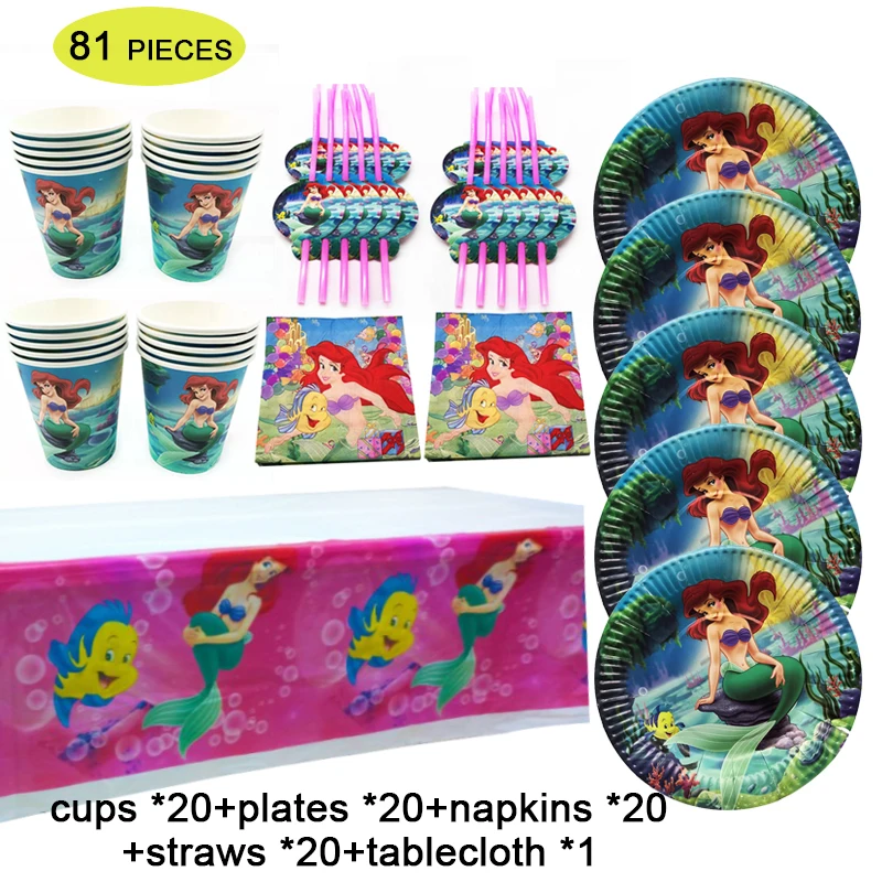 For 20kids Party Supplies Ariel Little Mermaid Theme Disposable Tableware Paper Cups Straws Girls Birthday Party Decorations Set
