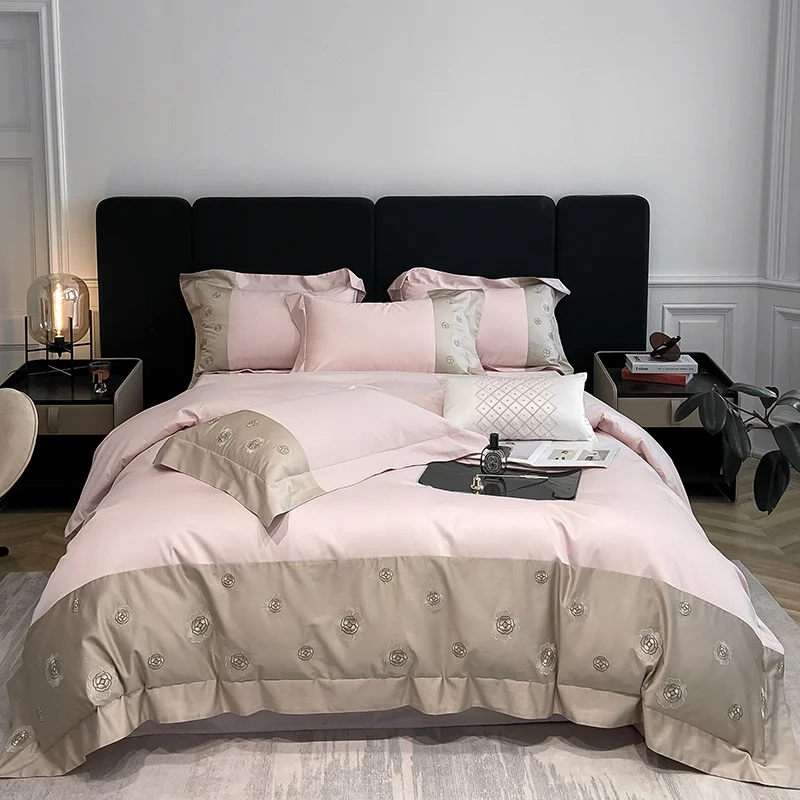

Luxury 1000TC Egyptian Cotton Camellia Embroidery Queen King Bedding Soft Satin Duvet Cover Bed Set Fitted Sheet