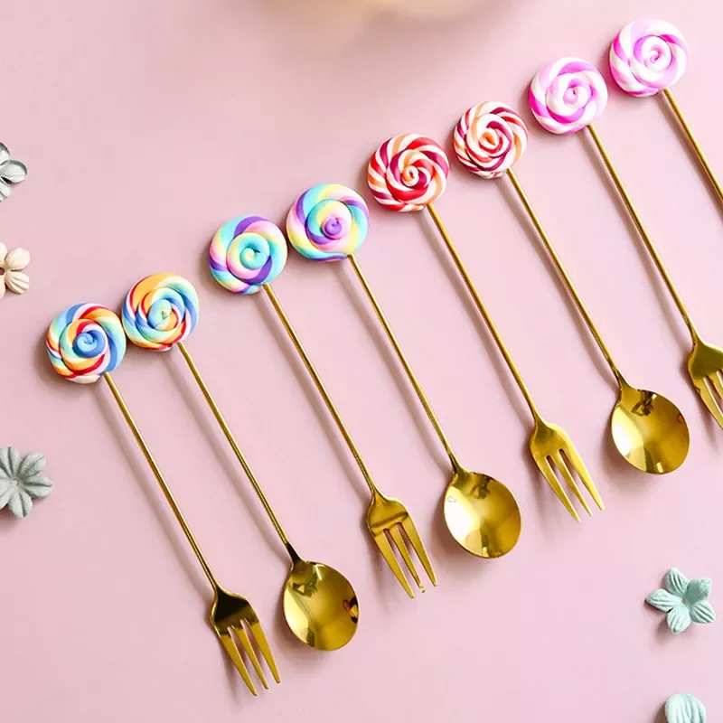

2022New Lollipop Fork Spoon 304 Stainless Steel Dessert Fruit Forks Honey Coffee Stirring Spoon Kid Cutlery Dinnerware Accessori