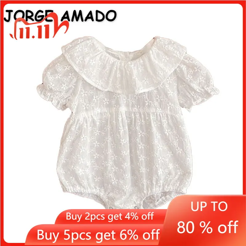 

Новинка 2022, летняя детская одежда, боди для девочек, белый комбинезон с пышными рукавами и отложным воротником, комбинезон с оборками, детск...