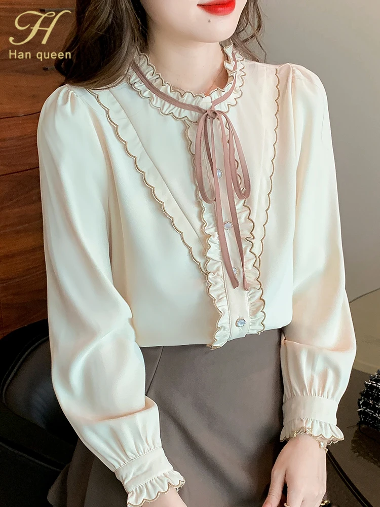 

Женская шифоновая блузка H Han Queen, винтажный топ на шнуровке с бантом, повседневная женская Свободная рабочая одежда с длинным рукавом, офисн...