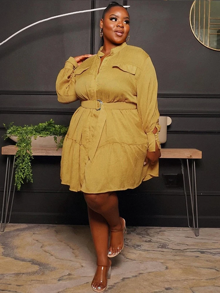 Women Dress Free Shipping Plus Size Elegant Long Sleeve Shirt Dress Pleated Sexy Short Dress Wholesale Bulk Dropshipping