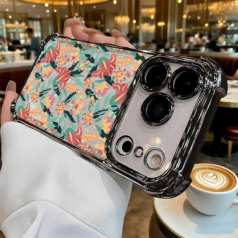 Фото Чехол для iPhone 16 17 Pro Max с ретро-цветочным узором, для iPhone 17 Air 17E 15 Plus 16E, противоударный, с гальваническим покрытием №1
