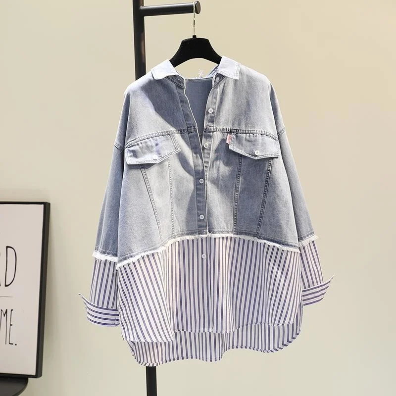 

Fashion Fake Two Turn Down Collar Denim Shirt Women Autumn 2023 New Fashion Loose Casual Stripe Patchwork Shirt Cardigan Female