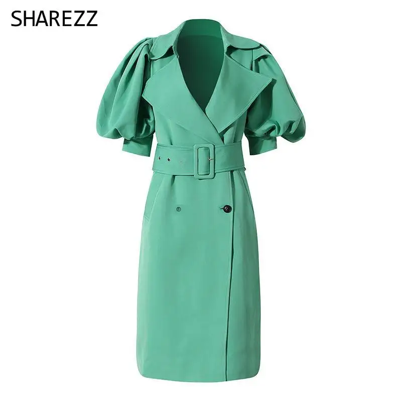 

Windbreaker Women 2022 Spring New Lace Up Waist Double Breasted Medium Sleeve Lantern Sleeve Medium Long Coat Women's Trench