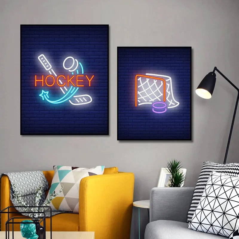 

Neon Artwork Goal Ice Hockey Skate Puck Canvas Painting Wall Art Posters Prints Pictures Living Bedroom Room Home Decoration