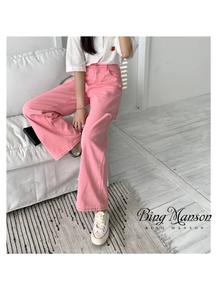 Perforated Jeans for Women 2023 High Waist Slim Loose Wide Leg Crotch Thigh Thick Size Straight Leg Pants  High Waisted Jeans