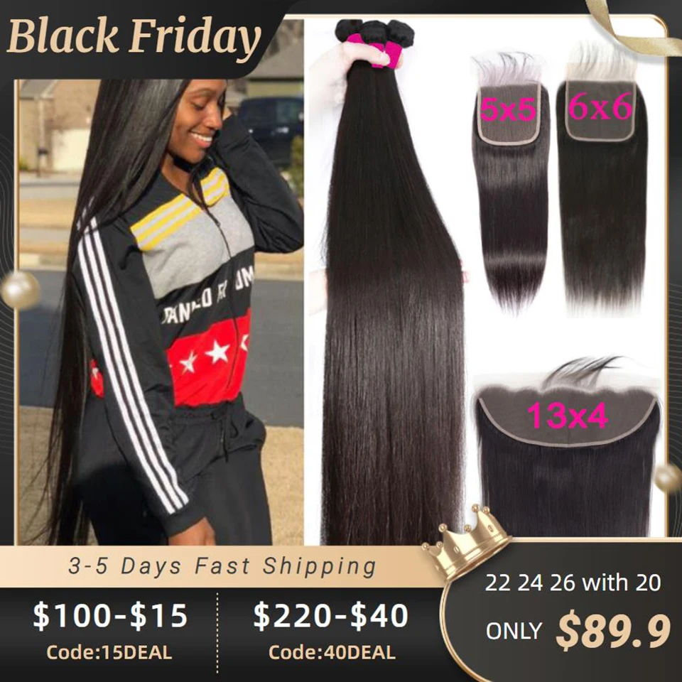 4x4 5x5 Lace Closure And 30 40 Inch Human Hair Bundles With 13x4 Lace Frontal Straight Brazilian Remy Weave Bundles With Closure