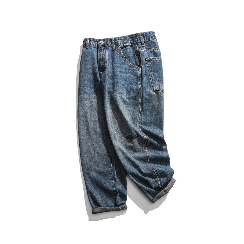 Japanese Retro Jeans Men's Spring Loose Overalls Tide Brand Straight Denim Pants Hong Kong Style Ins Casual Old Simple Trousers