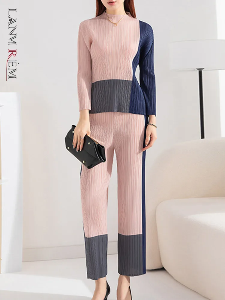 

LANMREM Contrast Color Pleated Sets For Women Long Sleeve Pullover Slim Shirt Top High Waist Pants 2 Piece Set New 2L2216