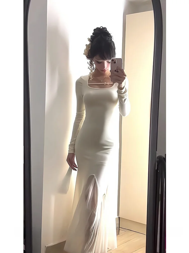 French sle White Mesh Knitted dress Women Autumn Slim fit High-Grade Temperament Sexy Long sleeve Fishtail Hip Skirt