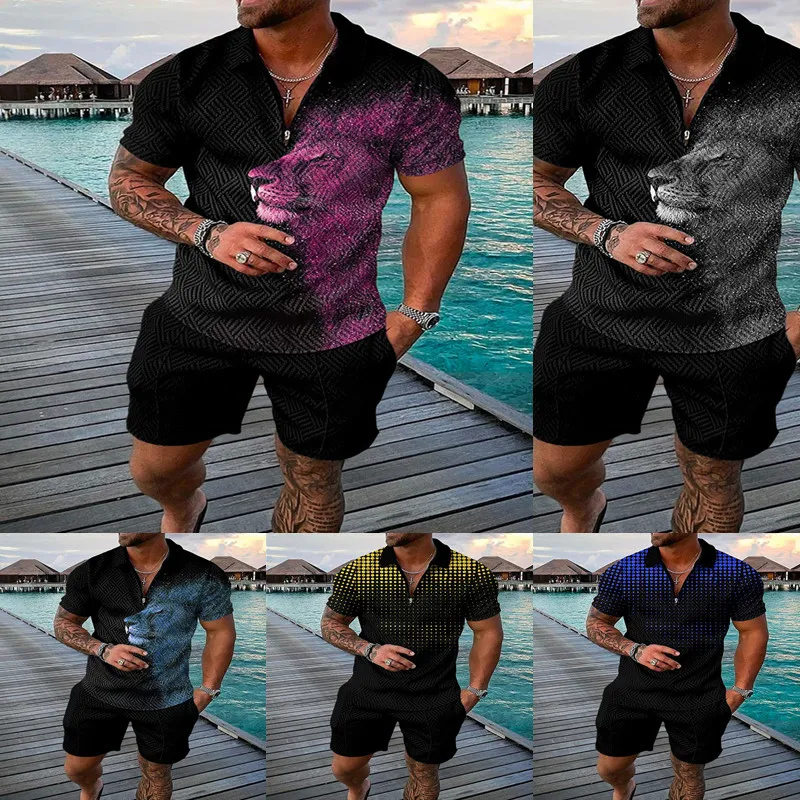 NEW Summer Men's Tracksuit lion printing Short Sleeve Zipper Polo Shirt&Shorts Set Men Casual Streetwear 2-piece Suit 3XL