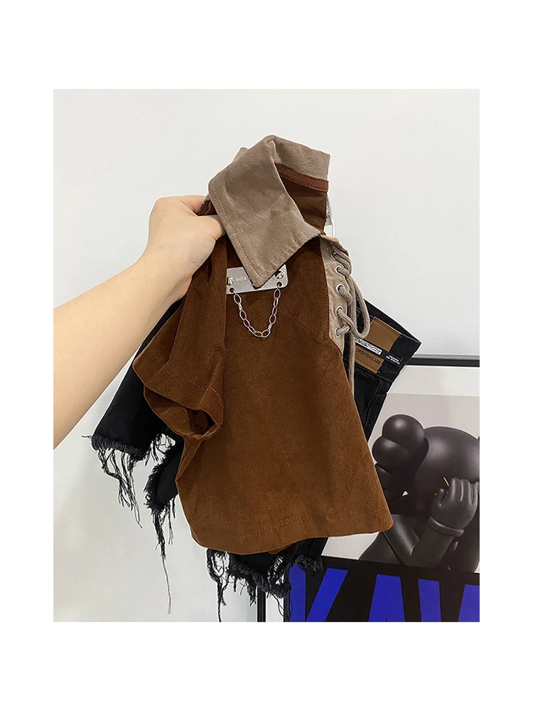 

Женский костюм-двойка с футболкой-поло, черная футболка трапециевидной формы с воротником-поло, уличная одежда в стиле Харадзюку, Y2k, на лето