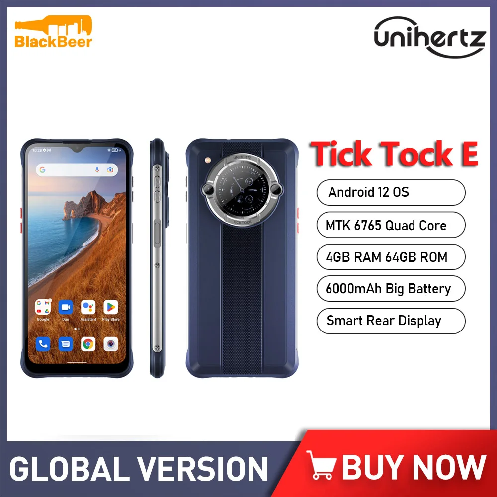 Unihertz Tick Tock E Android 12 Cellphones Octa Core MTK6765 Smartphone 6.5 Inch 4GB 64GB Mobile Phone Smart Rear Display 6000mA