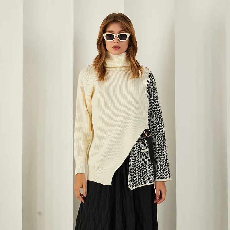 

Black White Stitched Knitted Sweater Women Long Sleeve Pullover Knitwear Oversize Winter Warm Turtleneck Jumper Sweater Women