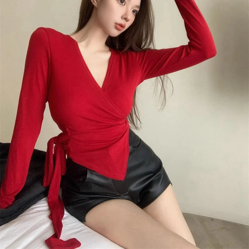 Женская футболка с v-образным вырезом и длинными рукавами новая корейская мода со