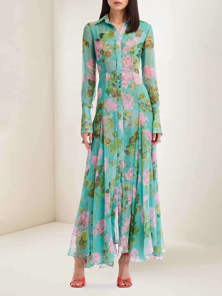 Women's Summer Dress 2023 New Long-Sleeved Chiffon Water Blue Print Single Breasted Long Dress Free Shipping