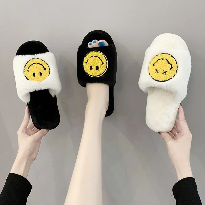 

Winter Women House Slippers Faux Fur Fashion Warm Shoes Woman Slip on Flats Female Slides Black Pink Cozy Home Furry Slippers