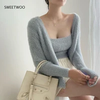 korean faux mink cashmere sweater cardigans sling camis tops warm soft autumn jumpers outwear hairy outwear tide chic 2022