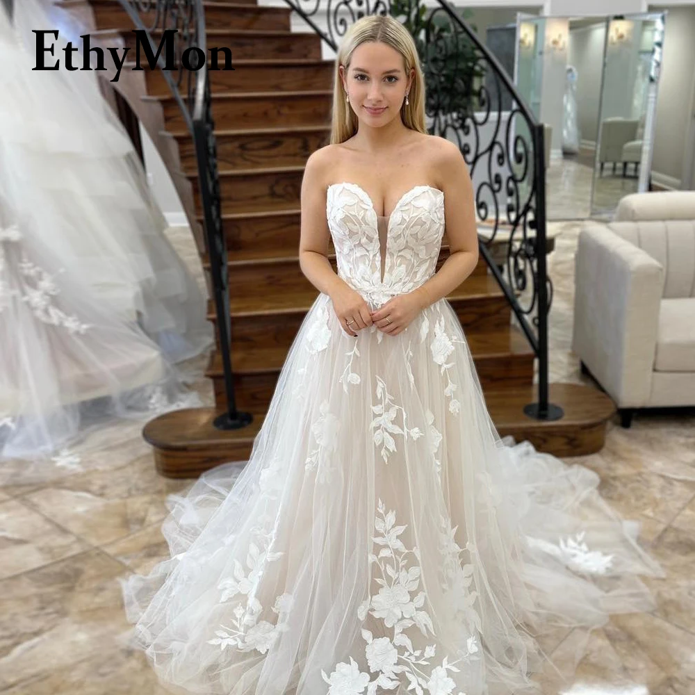 

Ethymon Classic A-line Wedding Dress For Bride V-neck Brush Train Leaf Appliques Button Backless Vestidos De Novia Customised