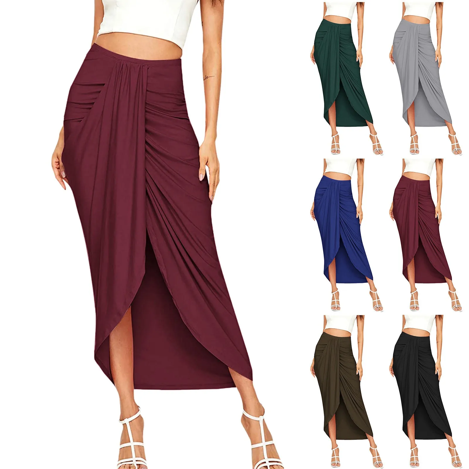 

Chic Elegant Party Wine Skirt Asymmetrical Casual Slit Wrap Falda Elastic High Waist Maxi Draped Skirts Womens 2023 Faldas Mujer