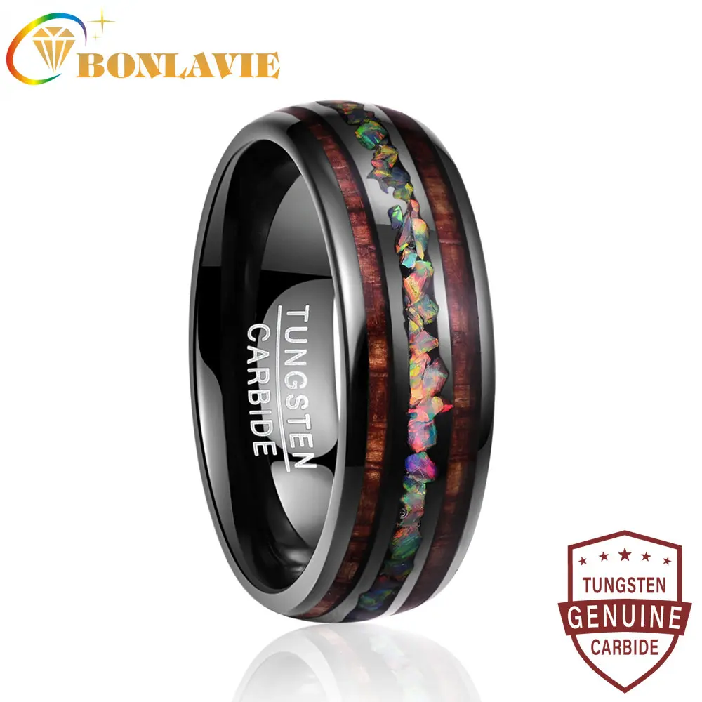 

BONLAVIE Men's Women's Ring Tungsten Carbide Ring Opal Hawaii Koa Wood Komaru Width 8mm Color Rainbow Tungsten Steel Ring