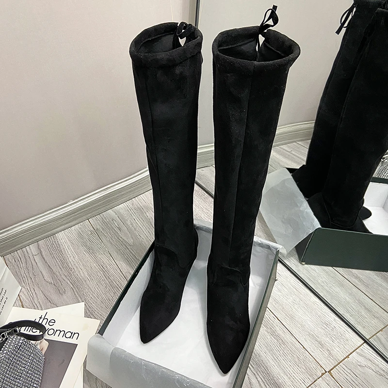 Women's Boots Autumn and Winter Elastic Cloth Socks Middle Boots Sexy Ladies High Quality Pointed Toe Knee-high Nude Boots