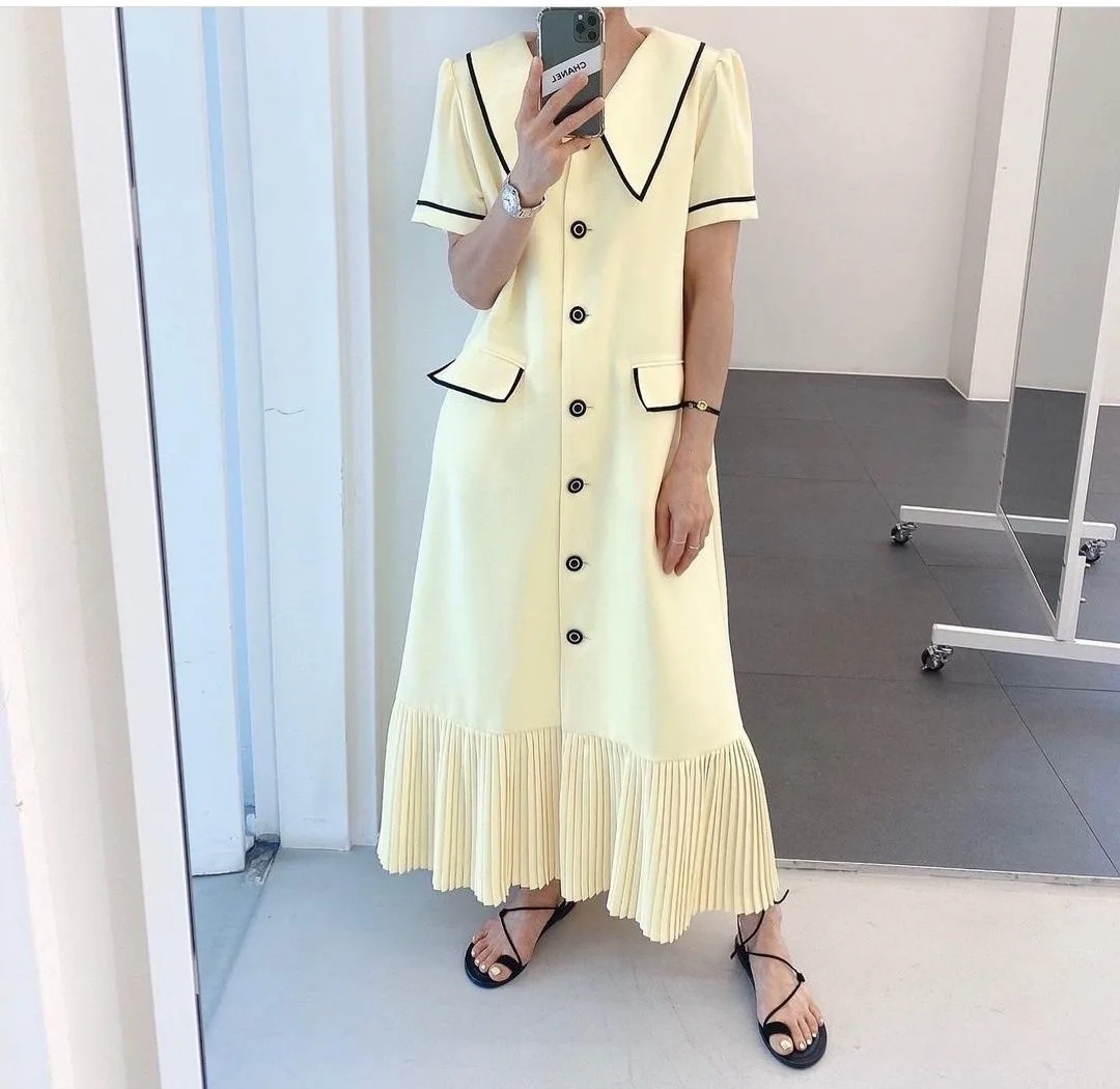 

Chic French Style Pleated Breasted Long Dress Minimalist Dress Pullover Loose Thin Elegant Dress Summer 2022 New