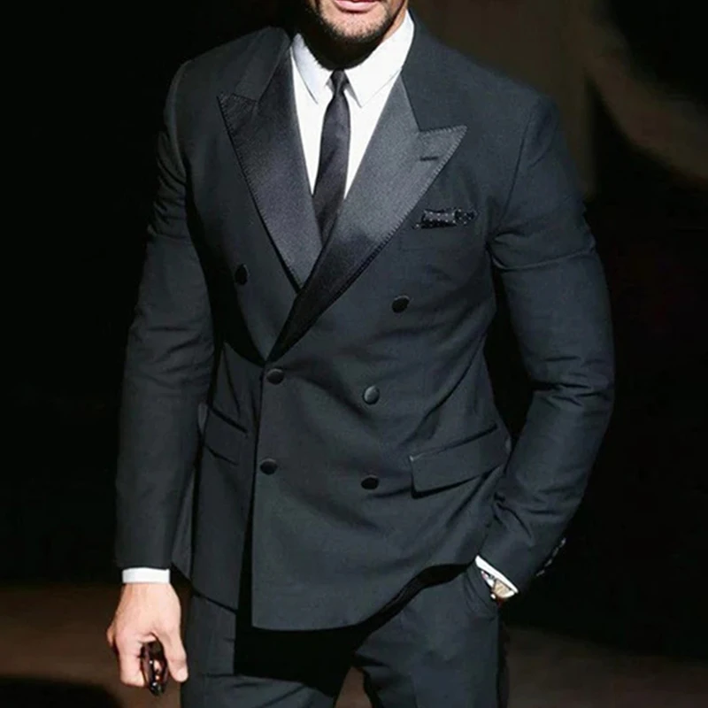 

2022 Elegant Black Double Breasted Men's Business Suits Men's Wedding Bridegroom Prom Suits 2 Pieces(Jacket+Pant+Tie)traje novio