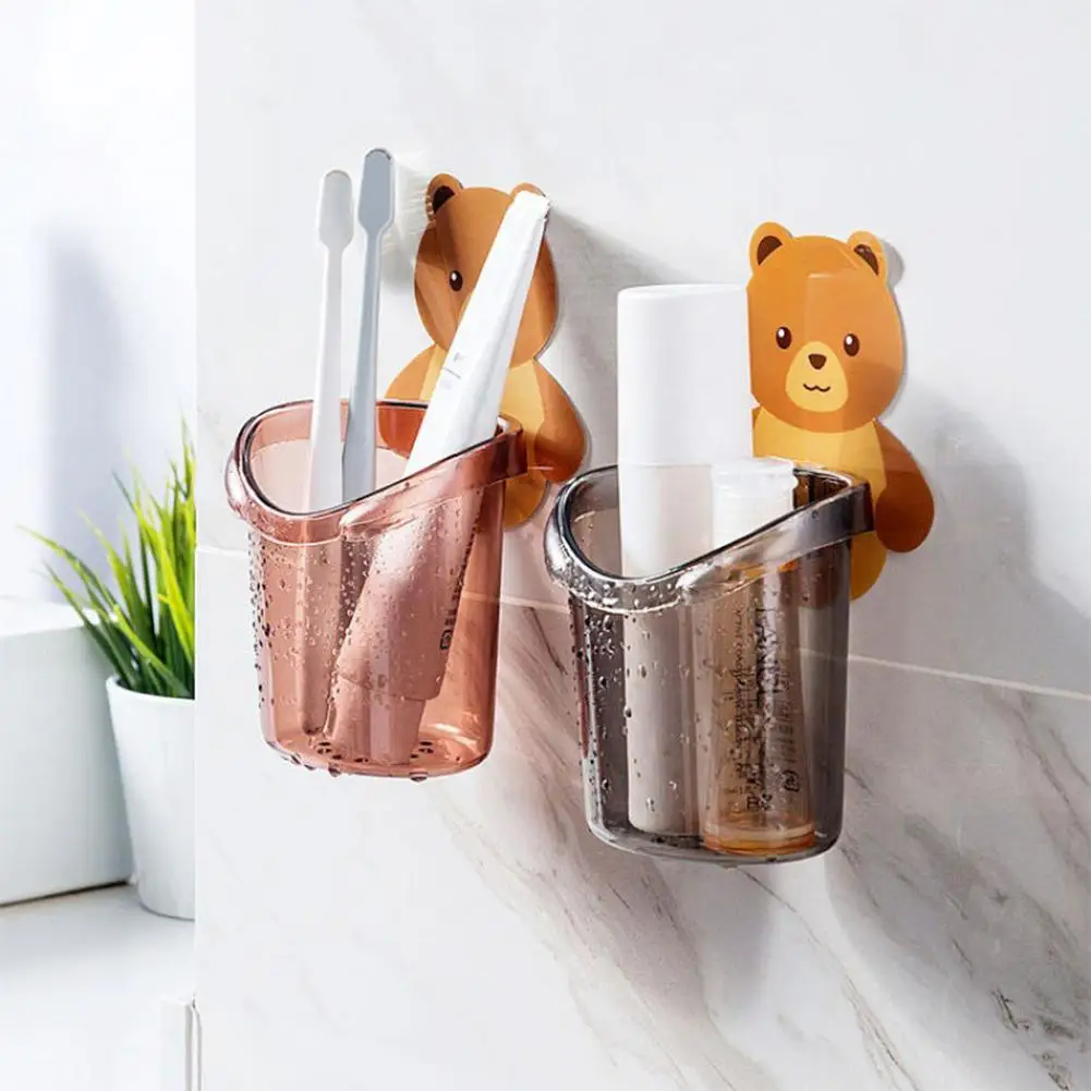 

[ Ready Stock ] Bear Storage Cup Wall Mount Toothbrush Toothpaste Cup Holder Case Bathroom Accessories