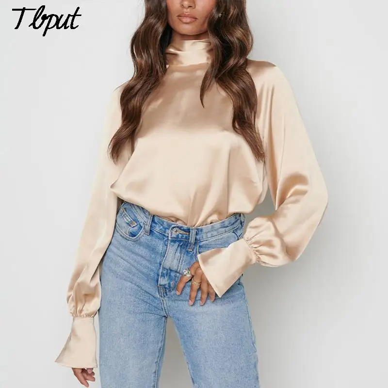 

Women Elegant Vintage Lace Up Solid Satin Long Lantern Sleeve Shirt Female Chic Basic Turtleneck Pullover Casual Pleated Blouses