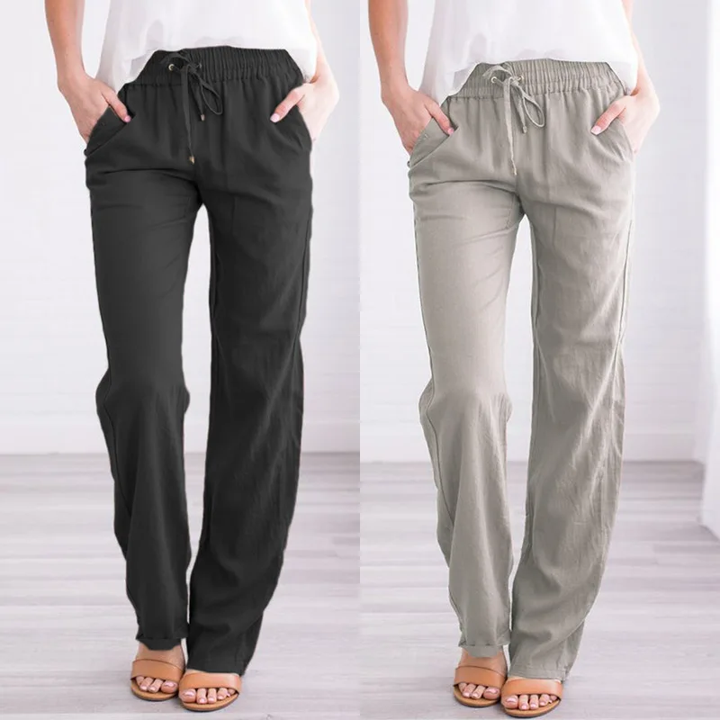 2023 new autumn Summer Women's Cotton Linen Drawstring Loose Wide-Leg Pants Hot Sale Long Trousers With Pocket