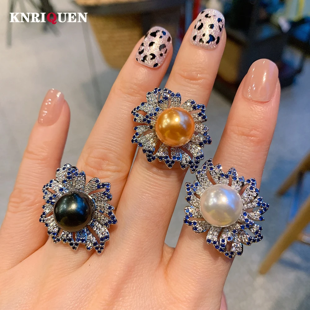 

2022 New Arrival Sterling 925 Silver 12MM Big Pearl Sapphire Adjustable Rings for Women Charms Cocktail Party Fine Jewelry Gift