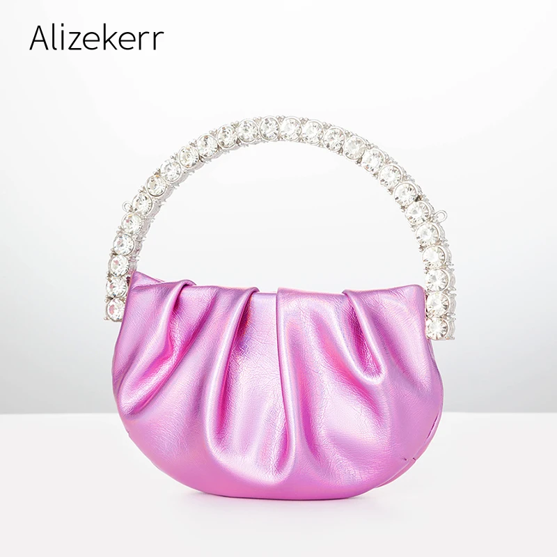 

Women Round Diamond Evening Clutch Bag 2022 Chic Mini Designer Rose Red Folds Rhinestone Handbags High Quality For Wedding Party