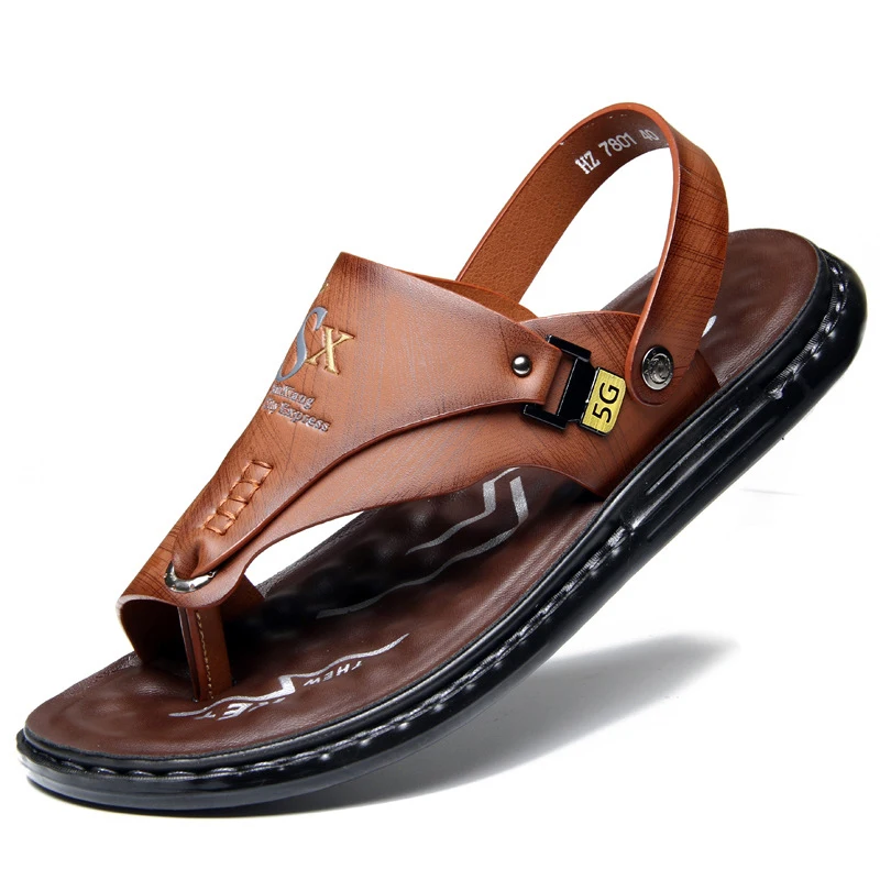 

Men Sandals Solid Color Leather Mens Summer Shoes Casual Comfortable Flat Sandals Soft Beach Footwear Male Leather Shoes