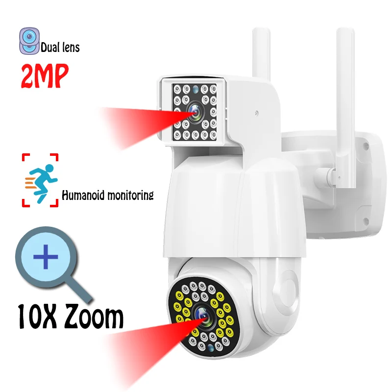 

IP-камера с двумя объективами, Wi-Fi, ночное видение, PTZ, 10X оптический зум