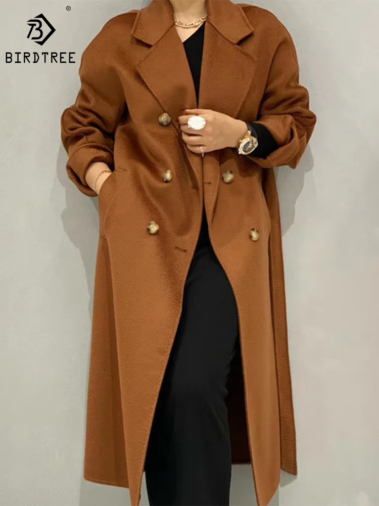 

Женское длинное двубортное пальто с поясом ручной работы Birdtree, 100% шерсть, элегантная одежда Camel C39511QM