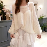 women sweet thin soft wool sweater long lantern sleeve loose knit gentle sweater o neck red white knit tops pullover jumper