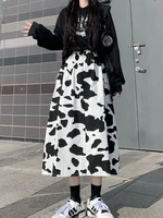 houzhou cow print cargo skirt long women harajuku korean fashion pocket patchwork high waist a line midi skirt grunge streetwear