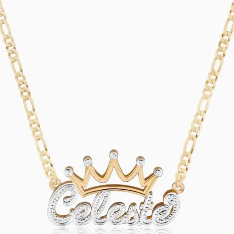 

Custom Name Stainless Steel Necklace Double Plated Nameplate Personalized Two Tone Gold Silver Crown Necklace Figaro Chain Women