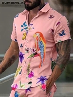 fashion mens short sleeve shorts sets casual streetwear style bird plant printing short sleeve suit 2 pieces s 5xl incerun 2022