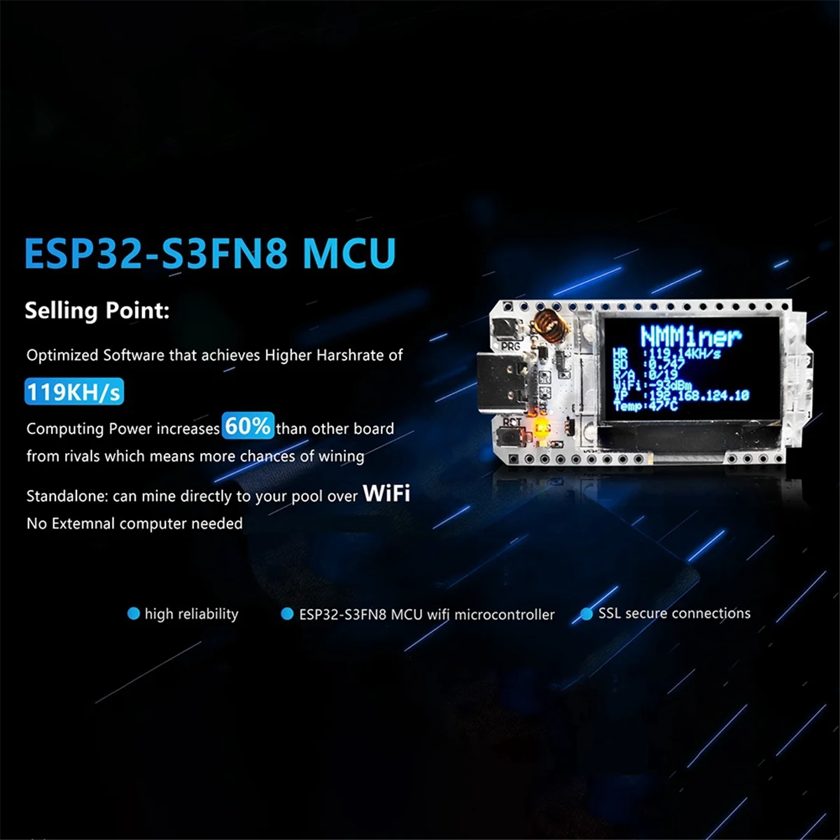 Nerdminer хэш-метр 119 кГц/с 0 96-дюймовый OLED-экран Bitcoin Solo Miner Nerd BTC Lottery ESP32