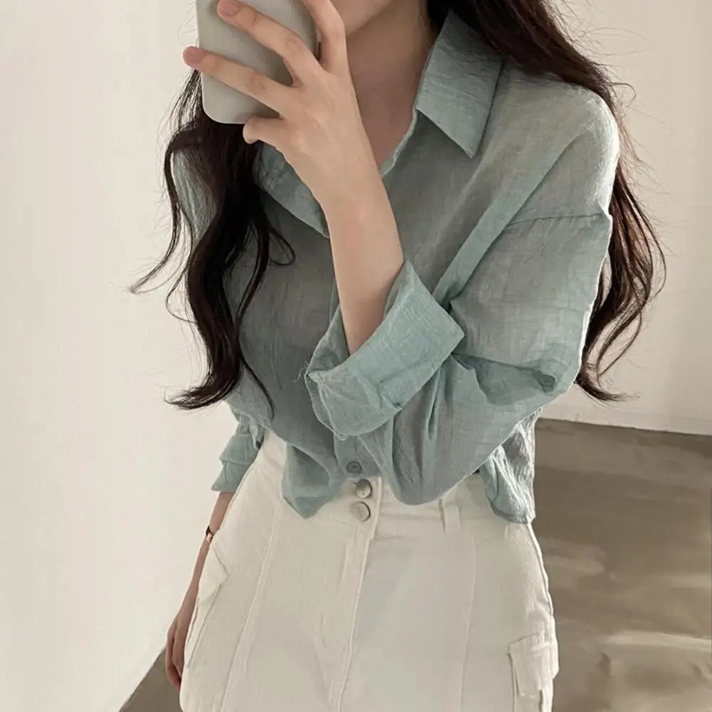 

Women Shirt Turn-Down Collar Anti-pilling Simple Thin Pure Color Anti-UV Shirt Shrink Resistant Shirt Top Daily Garment